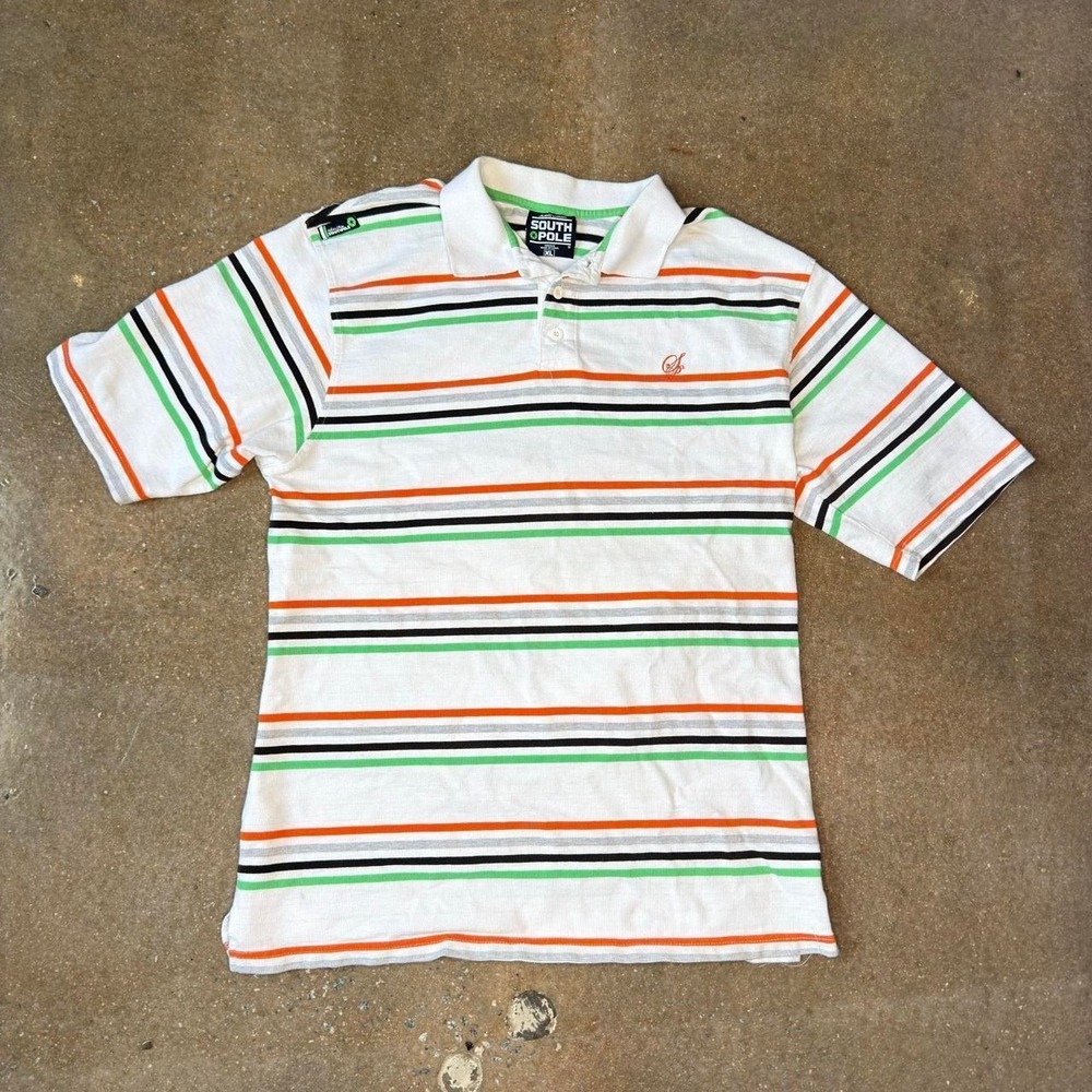 South Pole XL Striped Polo Shirt Y2K 90s Vintage Orange Green Black Mens